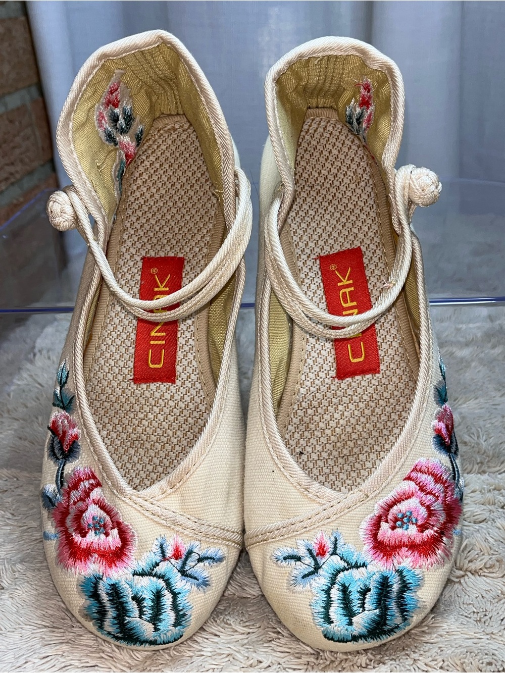 Cinak Embroidered Floral Mary Jane Flats Cream Multicolor Boho 38 / US 7.5
